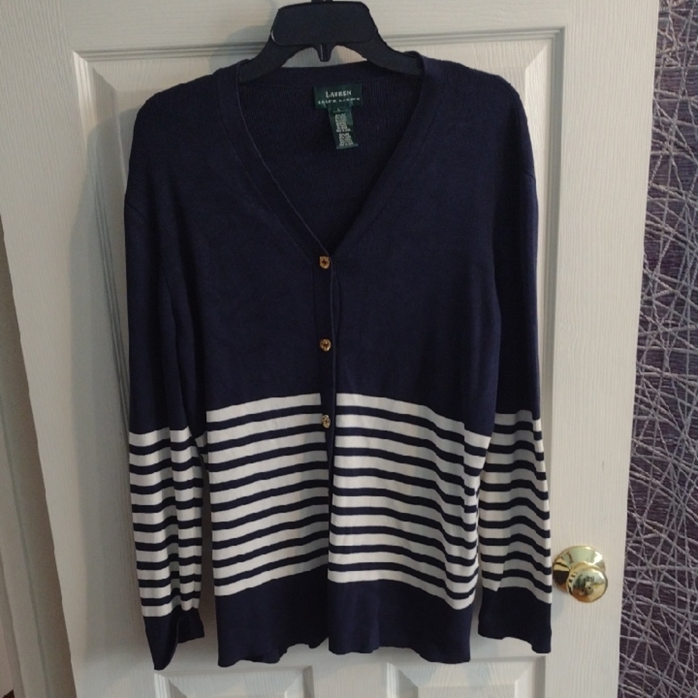 Lauren Ralph Lauren Navy and White Striped V-Neck Cardigan